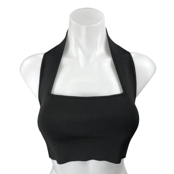 Zara Women's Black Sleeveless Rib Knit Halter Strap Square Neck Crop Tank Top S - Picture 1 of 4